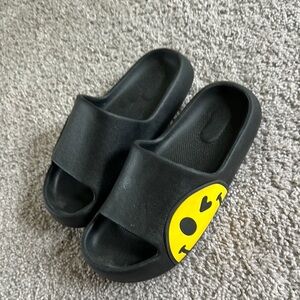 Black Slide Sandals with Yellow Emoji